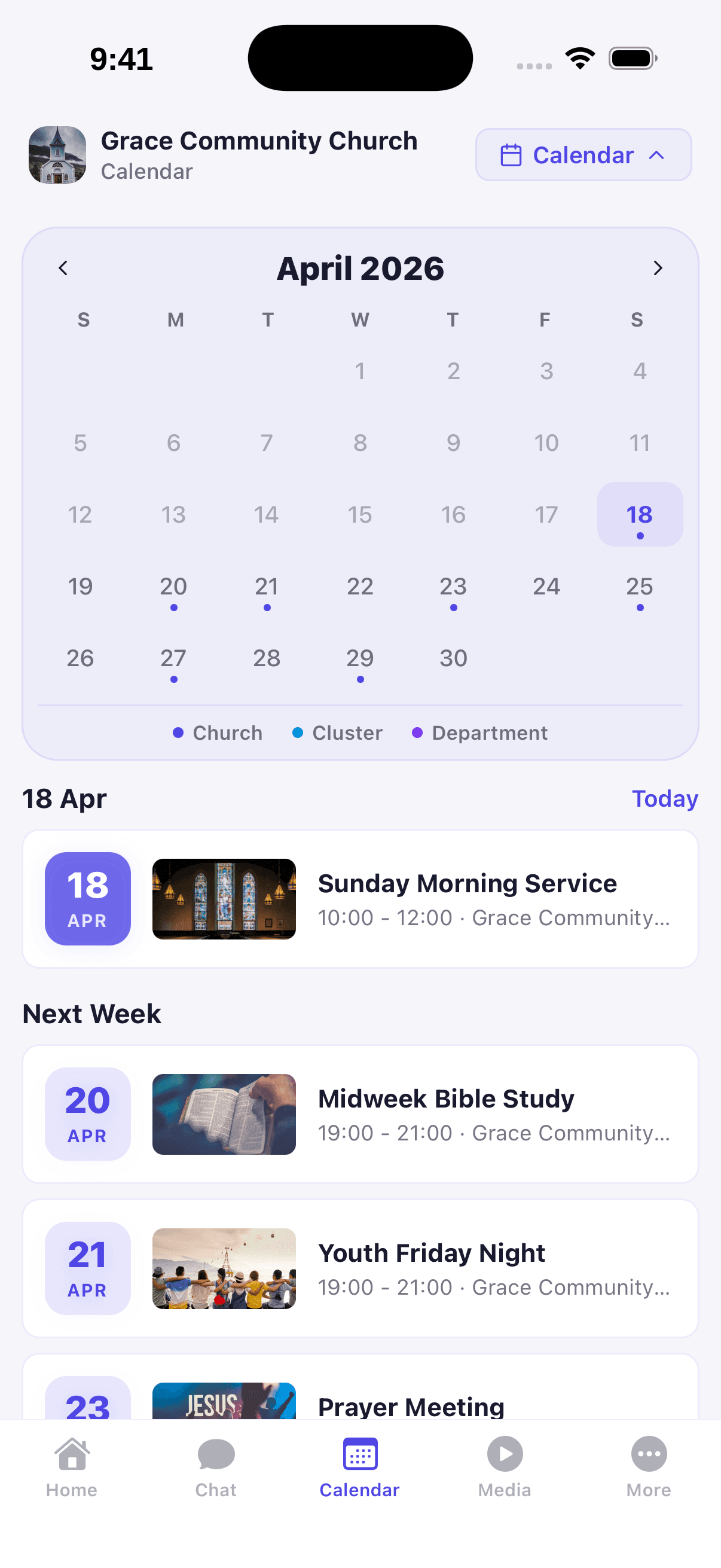 Aurnet calendar — Sunday services, rotas and events in one view