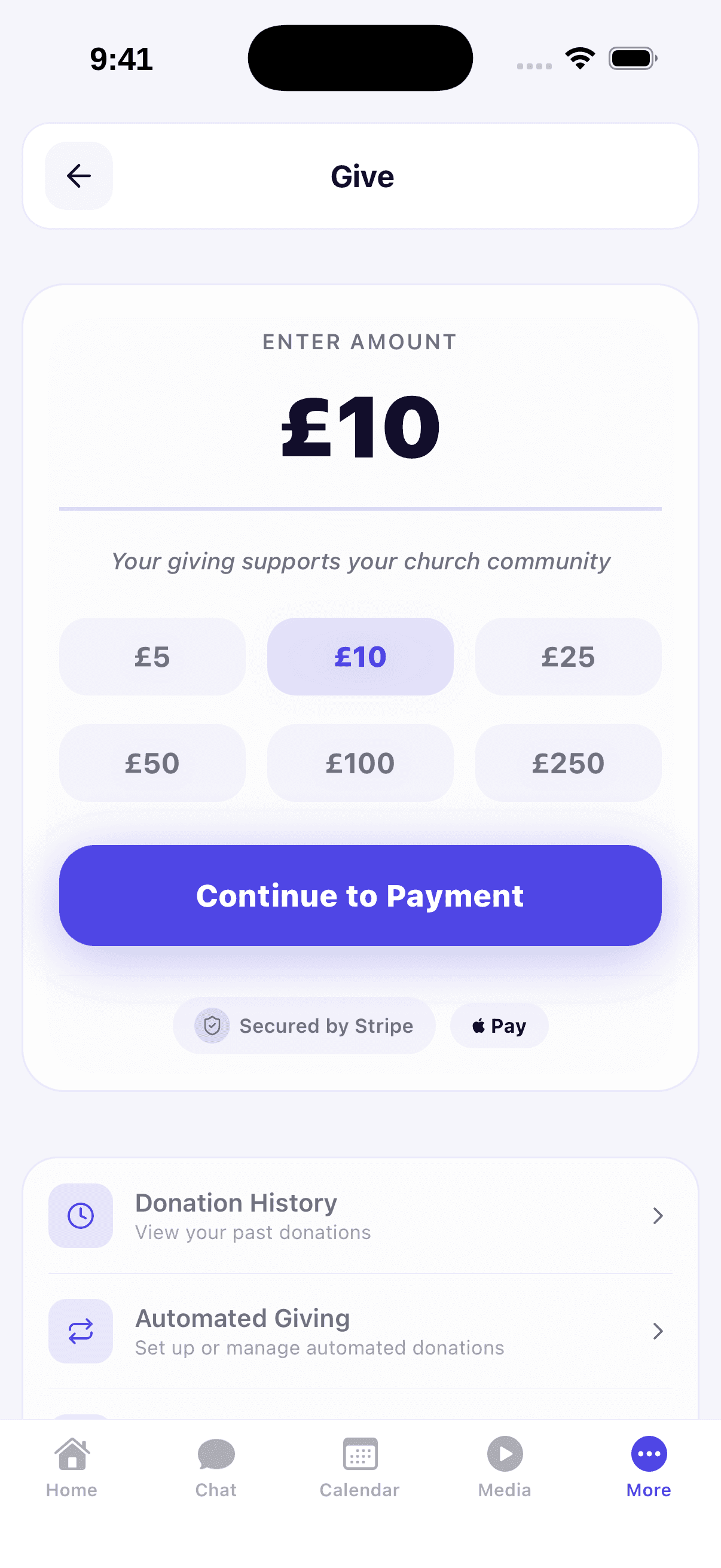 Aurnet giving — one-tap donations with Gift Aid calculated automatically