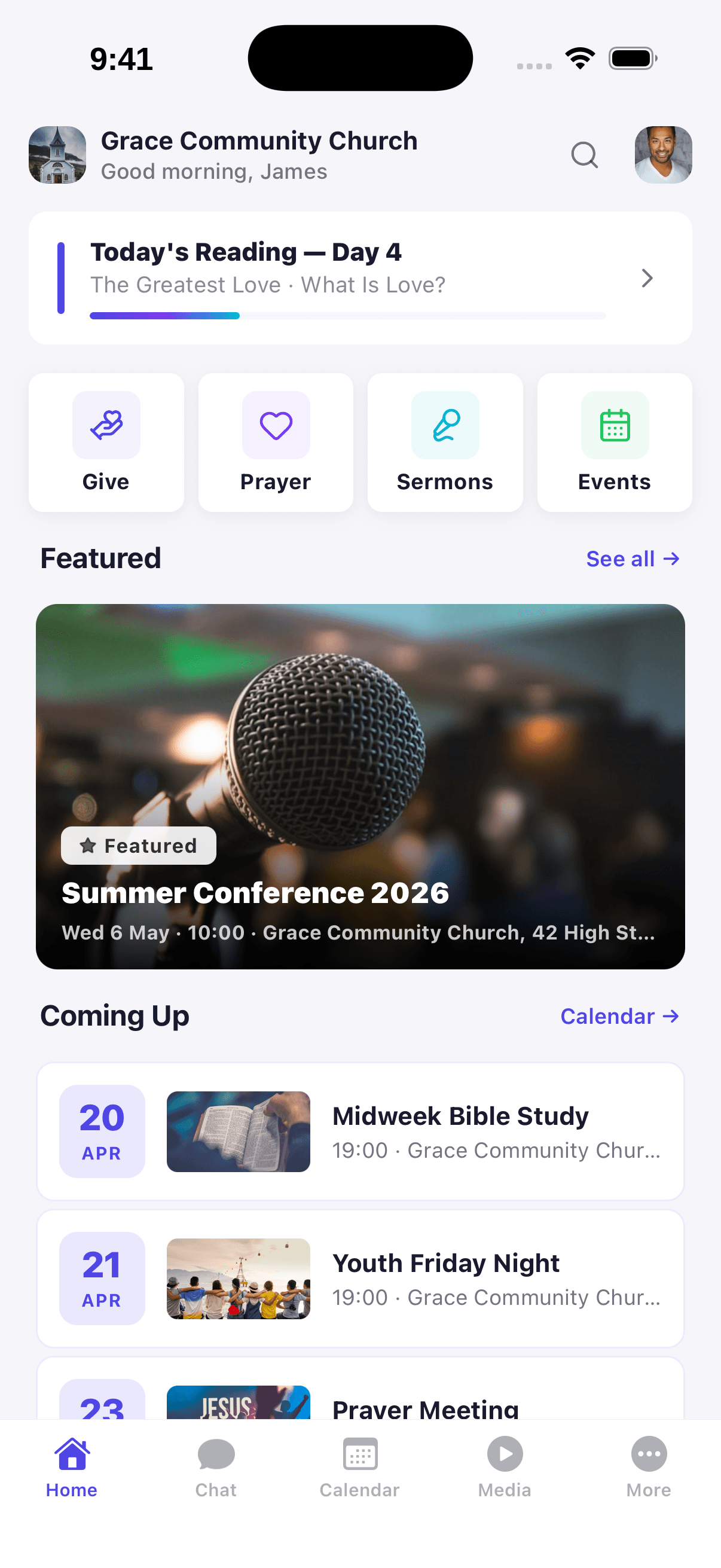 Aurnet home — everyone's church life in one personalised feed