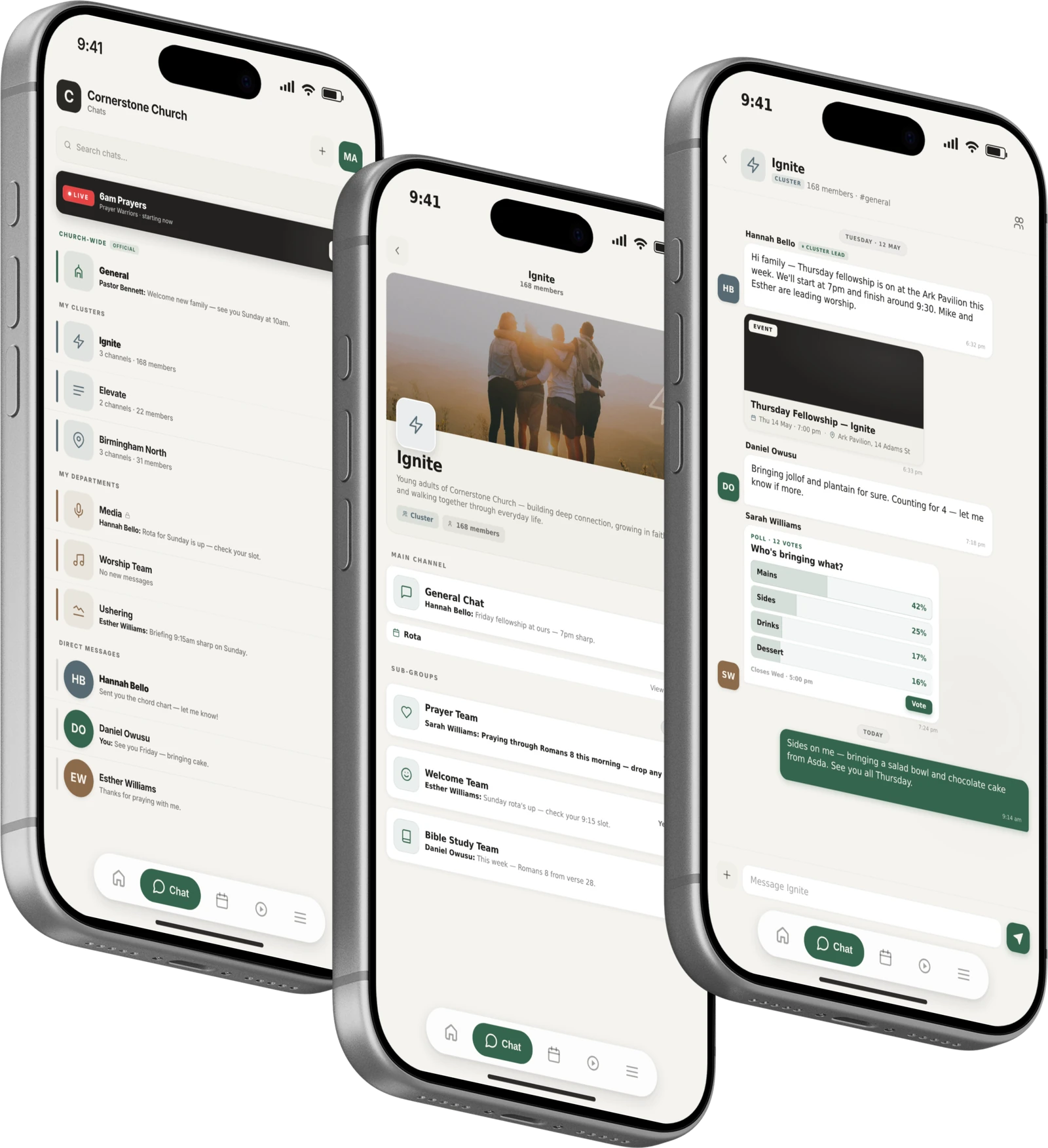 Aurnet messaging — chat list, community channels, and a team thread