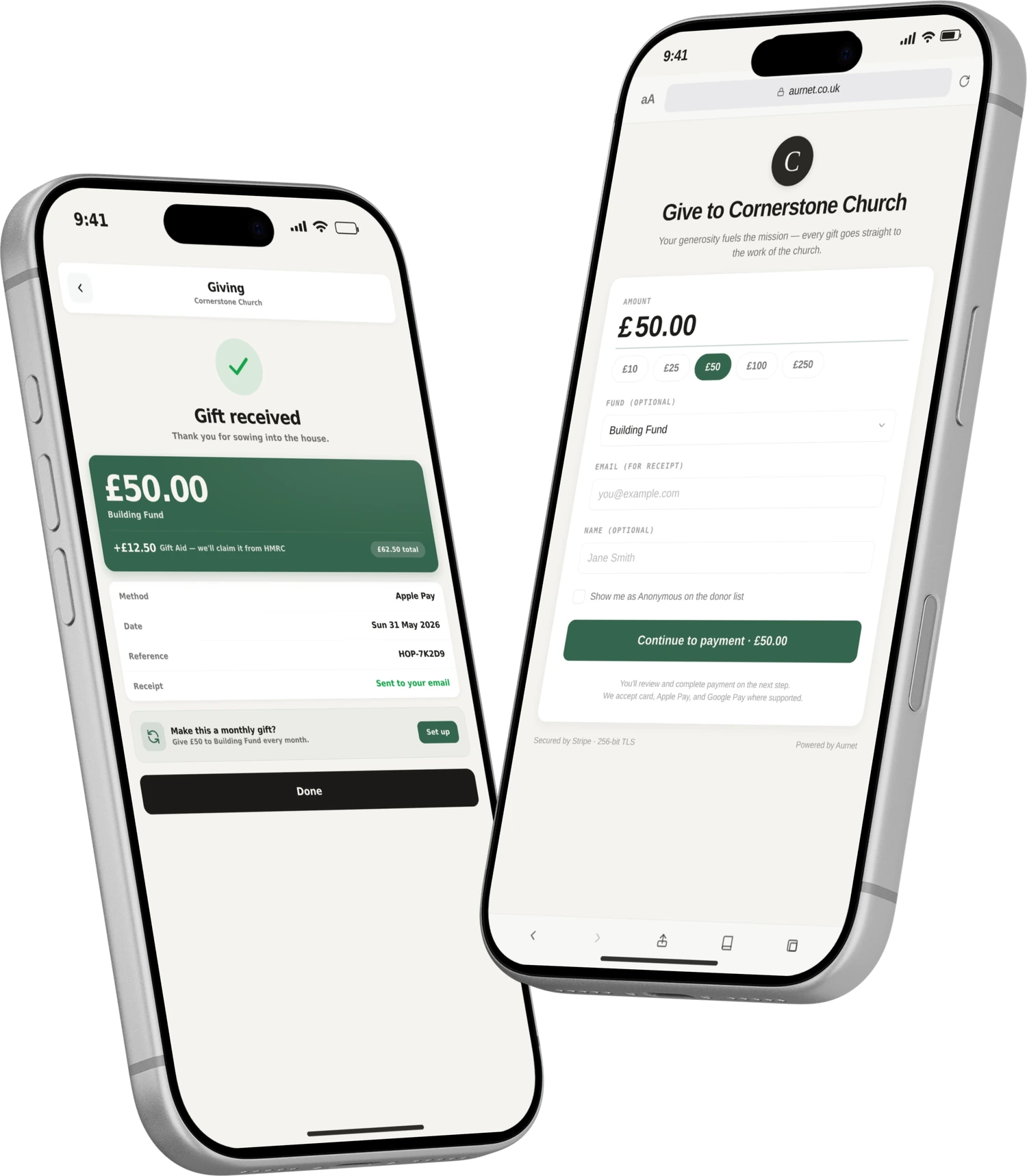 Aurnet giving — one-tap donations with Gift Aid calculated automatically