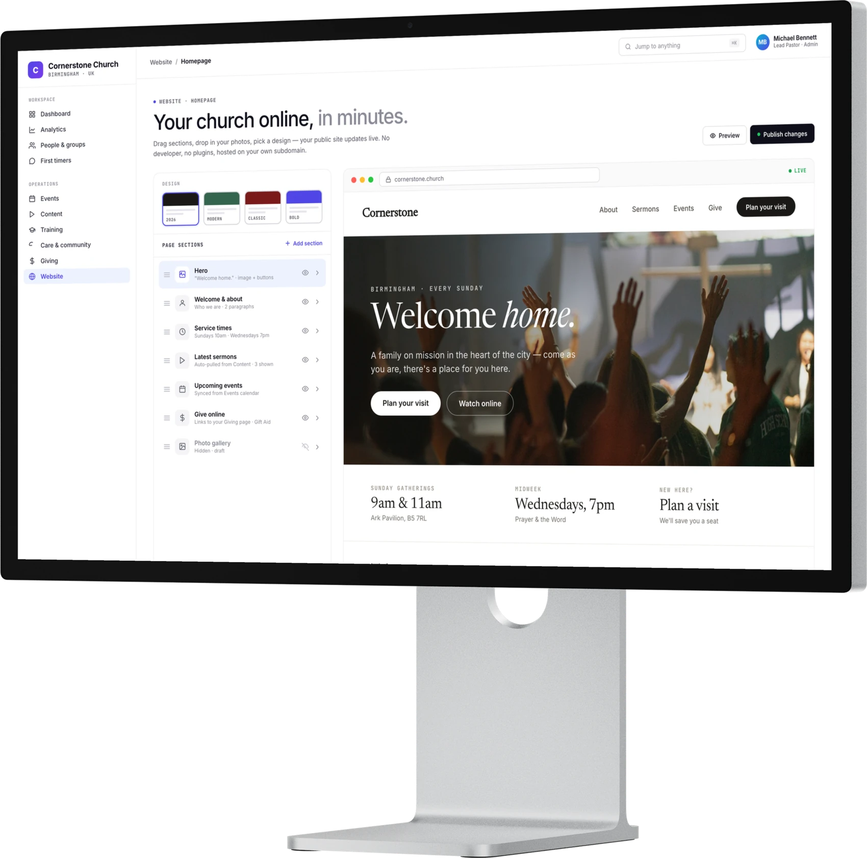 Aurnet website builder — a church homepage edited on desktop